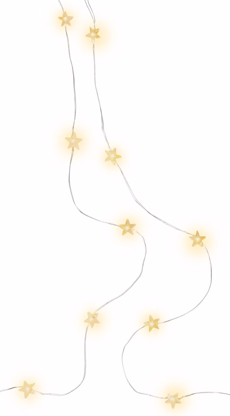 Goobay 60332 20 luci fiabesche a filo d'argento ''Stars'', argento trasparente - con funzione timer, bianco caldo (3000 K), a batteria