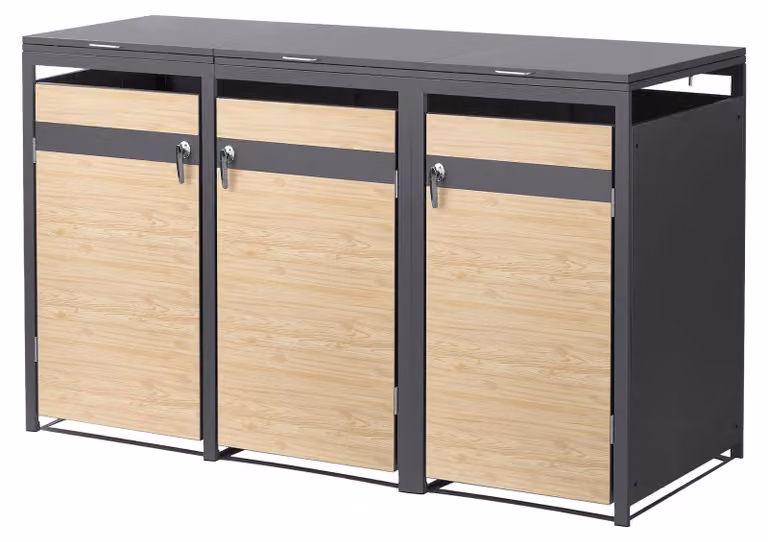 Contenitore per bidoni della spazzatura ML-Design, modello a 3 scomparti, per 3 bidoni da 240 litri, dimensioni 200x80x120 cm, finitura effetto legno di larice antracite, acciaio, resistente agli agenti atmosferici e con chiusura a chiave