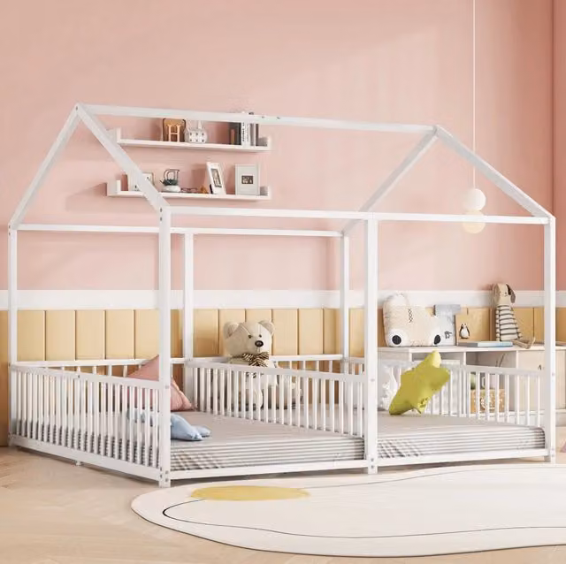 Letto per bambini 90x200 cm con sponde; scala e forma casetta in metallo