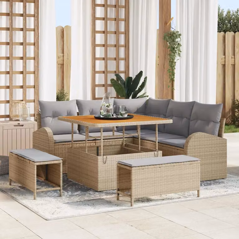 Set Divano da Giardino vidaXL a Forma di L con 8 Pezzi, Beige e Grigio Chiaro, con Cuscini e Tavolino da Esterno