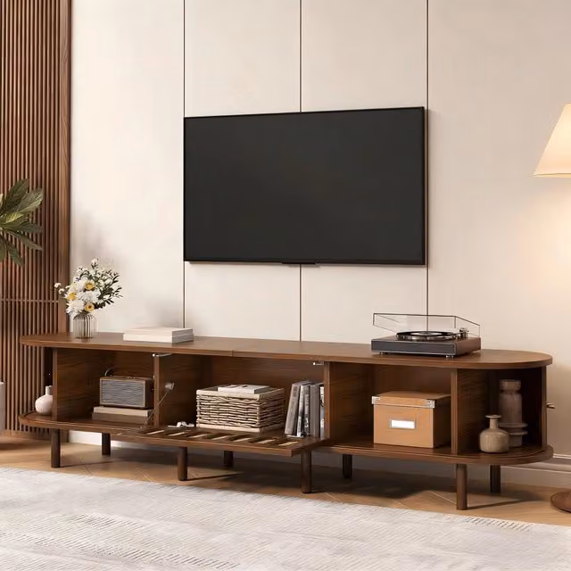 Mobile TV ovale 180x40x40 cm in MDF design noce scuro e rattan, con anta a rullo. Portata 30 kg. Mobile basso per soggiorno