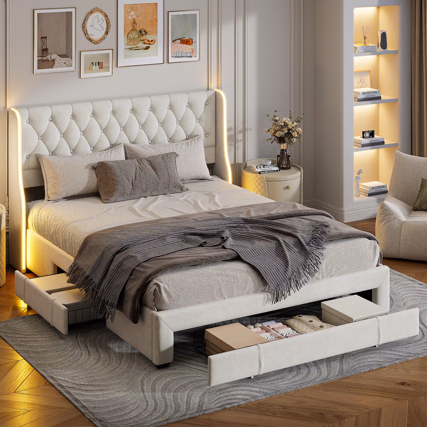 Letto imbottito 160x200cm, letto matrimoniale con 3 cassetti, letto contenitore letto giovanile con rete a doghe e led, letto funzionale letto in legno massiccio, velluto, beige