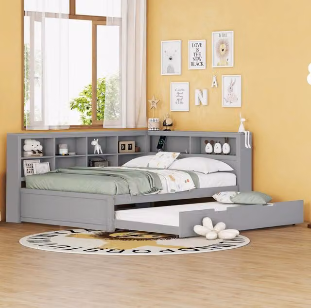 Letto 140x200 cm con USB e vani portaoggetti in legno grigio
