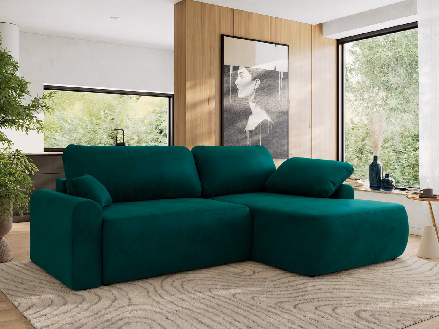 MKS MEBLE divano angolare CUBO a L, cuscini sciolti, divano angolare 273x187x100 cm con funzione letto, box letto - Velluto verde scuro - Lato destro