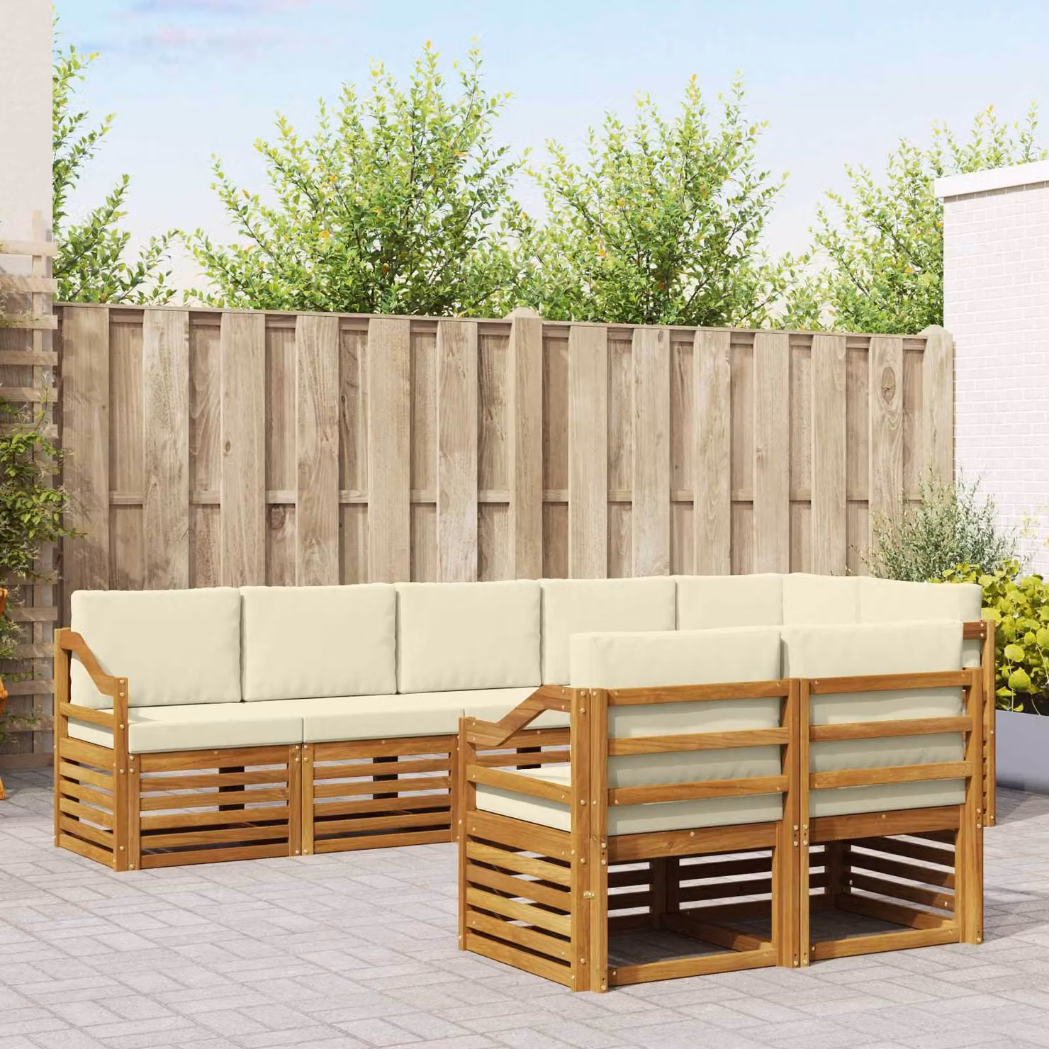 vidaXL Set di divani da esterno a L composto da 8 pezzi in legno di acacia con cuscini beige e bianchi