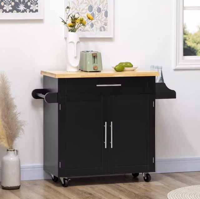 Carrello da cucina 109x40x89 cm in legno nero con contenitore