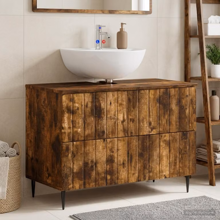 Armadio per lavabo da bagno moderno vidaXL ZWOLLE in legno Rovere Fumo marrone con cassetti e ante a battente