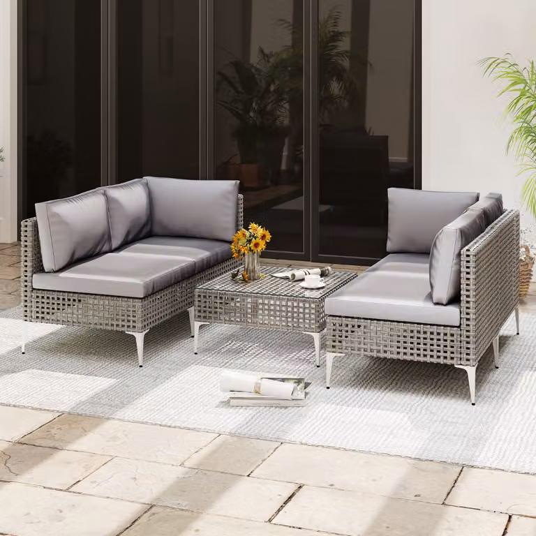 Set da giardino modulare Costway in rattan con divano angolare, sedie e tavolino in vetro temperato, colore grigio misto