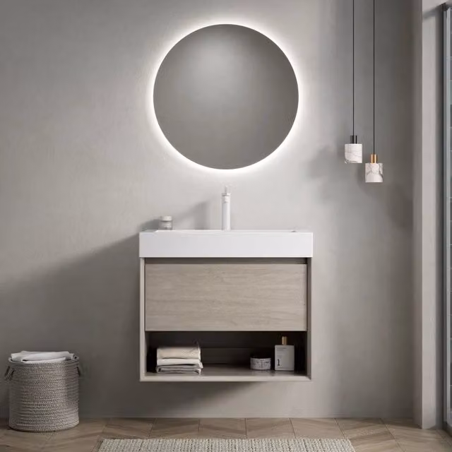 Mobile Bagno Sottolavabo con Lavabo Integrato ¨C MINIMAL ¨C Rovere Chiaro, 70cm, Cassetto, Ripiano, Multistrato