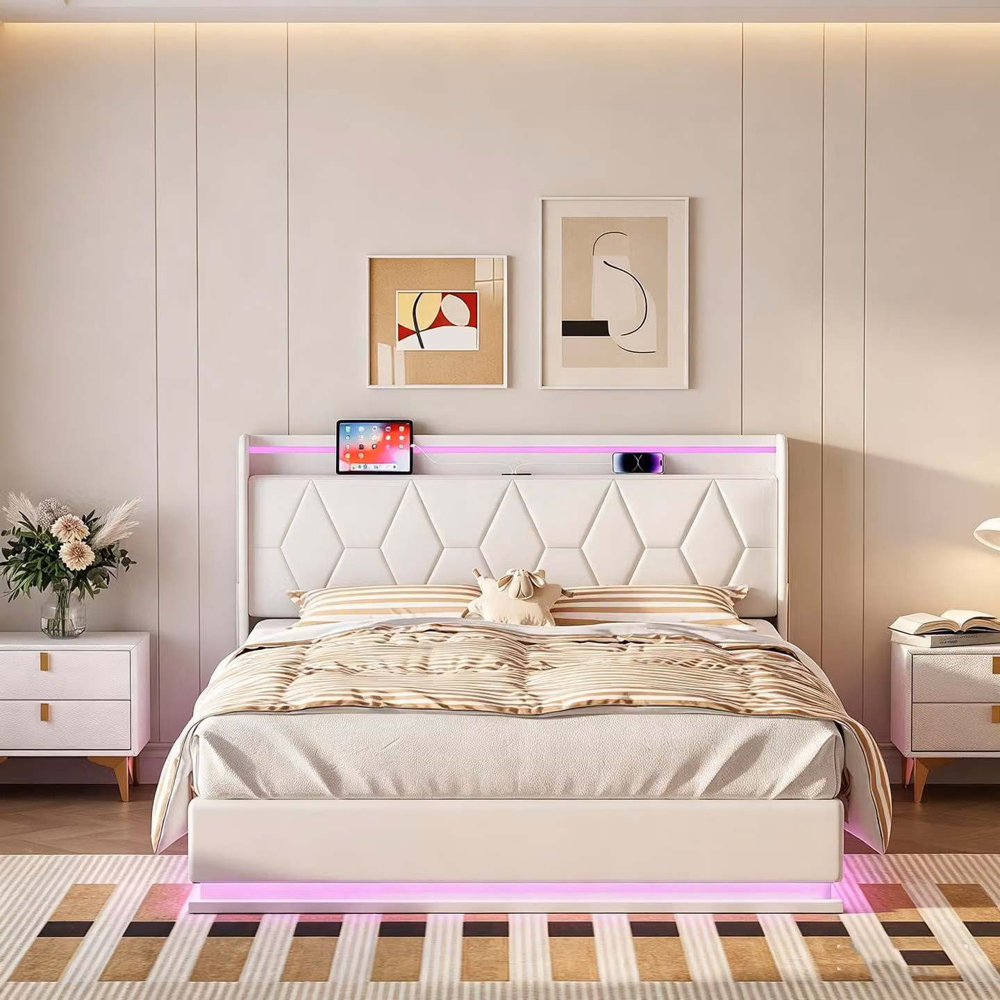 Letto matrimoniale con rete a molle INONEFT, 140x200 cm, con base imbottita idraulica, illuminazione LED e porte USB/C. Letto matrimoniale, letto in legno, letto per ragazzi, in velluto, colore bianco.