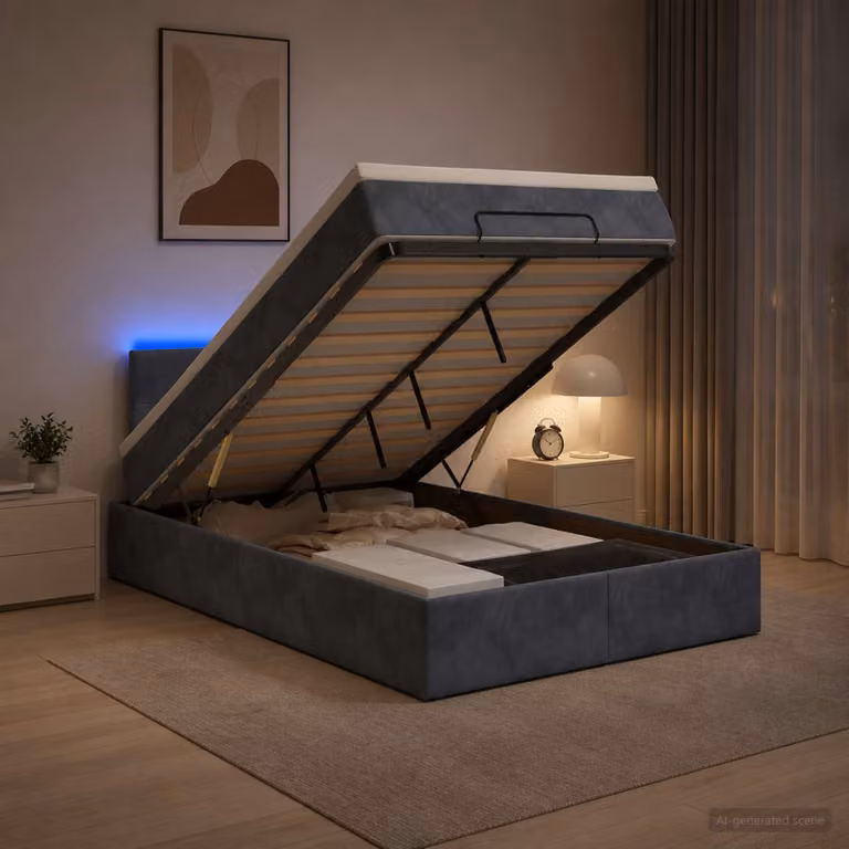 Letto Ottomano vidaXL con Materasso Ibrido e Illuminazione LED, Rivestimento in Velluto Grigio e Bianco, L/P/H: 120 x 200 x 88 cm