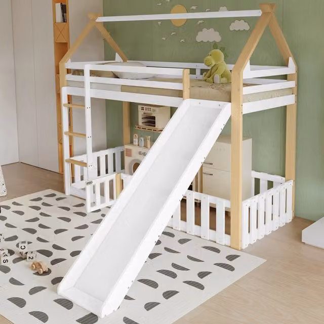 Letto a soppalco per bambini 90×200 cm con scivolo, scala e spazio recintato, senza materasso, bianco naturale