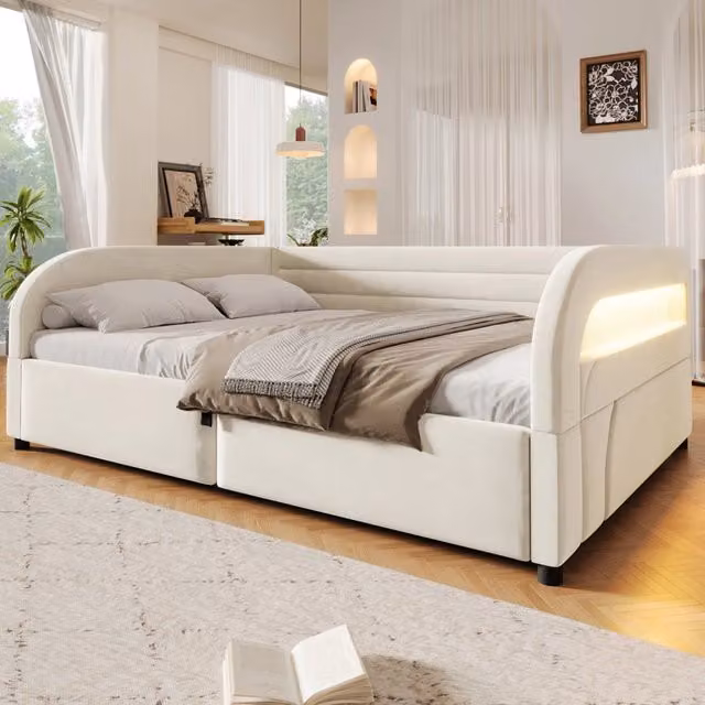 Letto a baule 140x200 con accumulo idraulico LED tessuto bianco