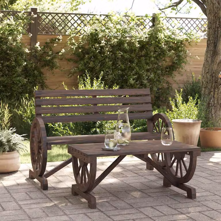 Set Salotto da Giardino vidaXL in Legno di Abete Marrone con Divano a 2 Posti e Tavolino da Caffè e Cuscini Inclusi