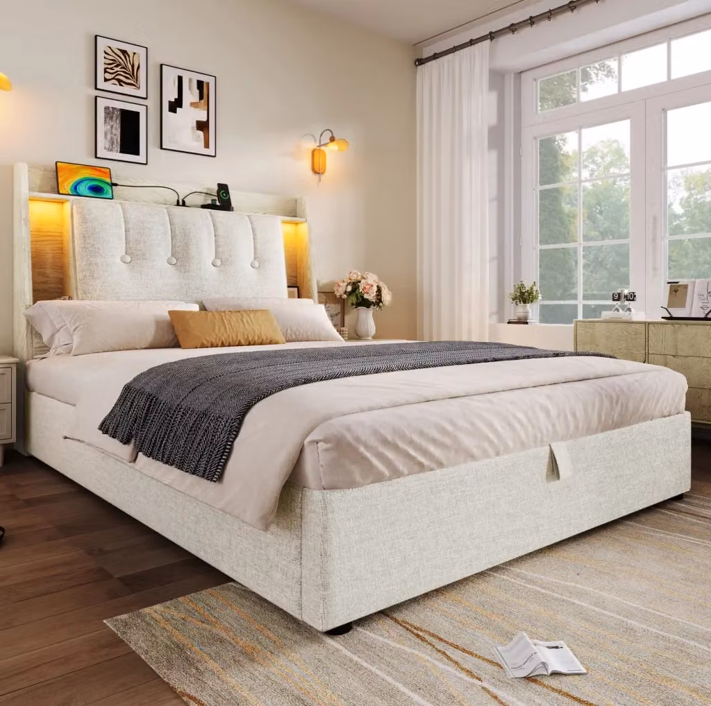Letto imbottito MODFU con contenitore, luci LED, porte USB e USB-C e mensola integrata, colore beige, L/P/H: 90 x 200 x 76,7 cm – 2