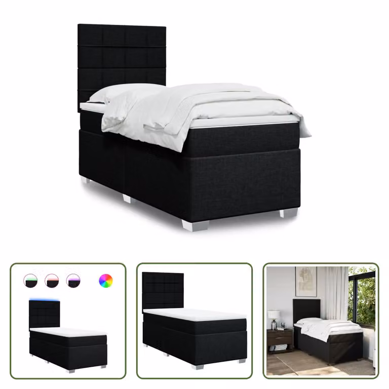 The Living Store Letto a molle con materasso nero 90x200 cm in tessuto