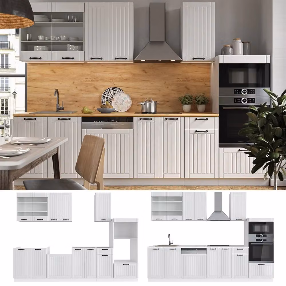 Cucina componibile Vicco Fame-Line Bianco rustico con armadio alto, L: 300 cm – 2