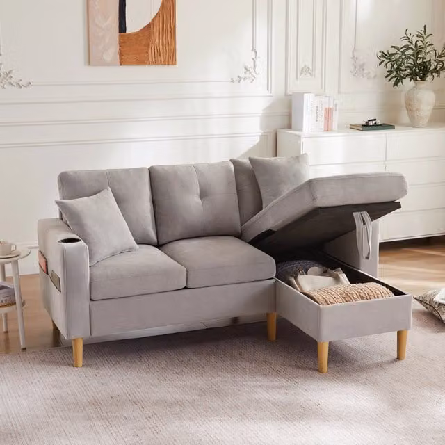Divano Angolare 3 Posti con Chaise Longue e Contenitore ¨C MINIMAL ¨C con Cuscini e Portabicchieri