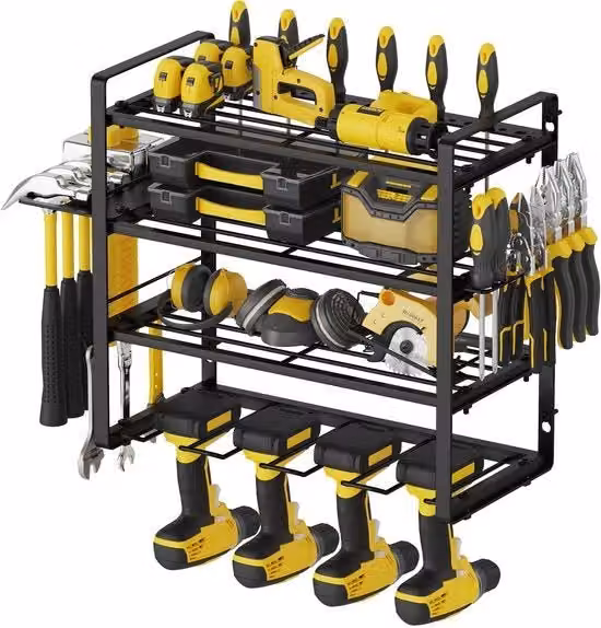 Organizzatore da parete Fort W-1701 in metallo nero con 4 livelli per garage e falegnameria, dotato di 4 presse-aeree, 4 supporti per trapano e 4 alloggiamenti per batterie da 12V
