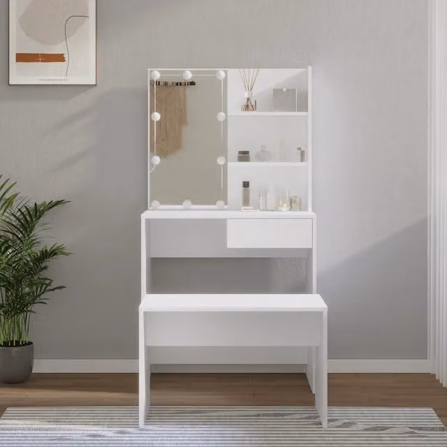 Set Tavolo da Toeletta con LED vidaXL Bianco Moderno con Piano Rettangolare