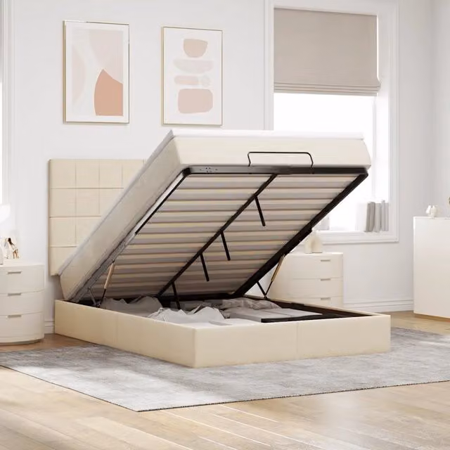 Letto con contenitore a sollevamento vidaXL in tessuto beige e bianco L 140 x P 190 cm