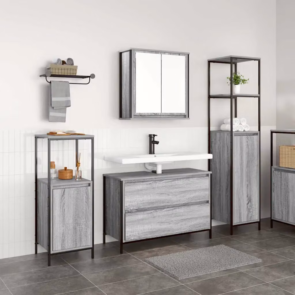 Set di mobili per il bagno moderno vidaXL in 3 pezzi Grigio, L: 90 cm, P: 34,5 cm, H: 60 cm