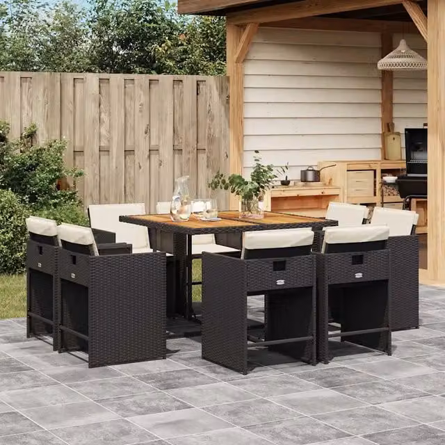 Set da Pranzo da Giardino 9 pz con Cuscini Nero in Polyrattan 3211203