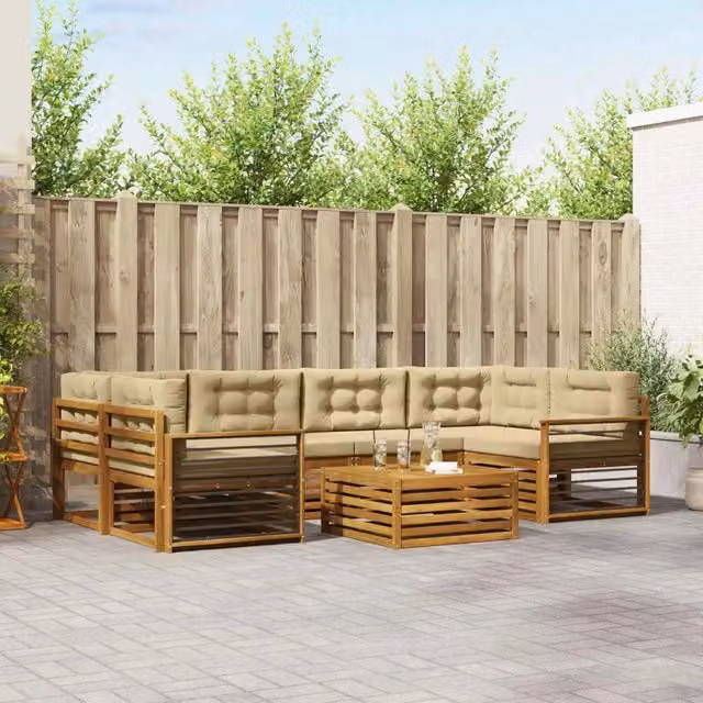 Set di divani da esterno vidaXL a forma di L composto da 7 pezzi con tavolo da caffè, in legno di acacia e tessuto beige – 1