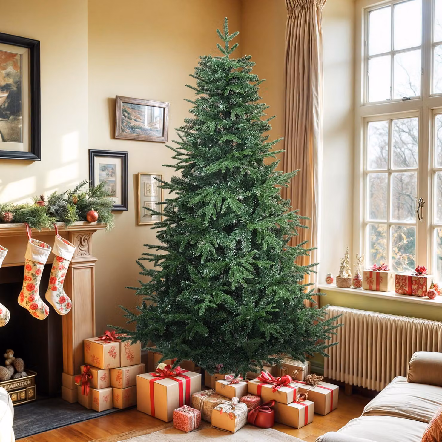 Albero di Natale artificiale di alta qualità, altezza 182 cm, con sistema di montaggio a scomparsa e base in metallo