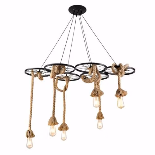 damastoreitalia Lampadario Rustico Industriale a Sospensione 6 Luci con Corde in Canapa Attacco E27 (Lampadine non incluse) Struttura in Metallo Nero Stile Vintage per Soggiorno Sala da Pranzo Locale
