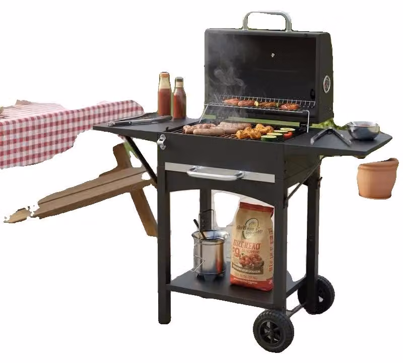 Barbecue a carbone, tavolini laterali, termometro integrato, come da immagine