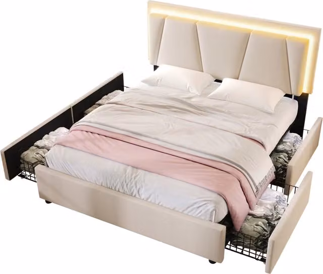 Letto Matrimoniale Moderno con Cassetti e Illuminazione LED Beige L/P: 160 x 200 cm