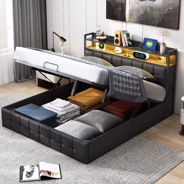 Letto Contenitore Matrimoniale 140x190 cm; Letto imbottito con LED e USB; Letto idraulico con Rete a doghe e Testiera con Contenitore; PU; Nero
