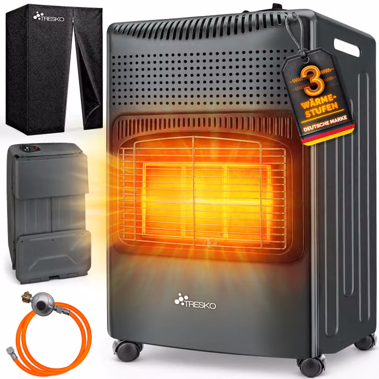TRESKO® 4200 Watt riscaldatore a gas antracite incl. regolatore di pressione gas tubo flessibile gas + coperchio | stufa a gas riscaldatore a gas in Vetroceramica con 3 livelli | riscaldatore a gas a infrarossi riscaldatore radiante per bombole di gas but
