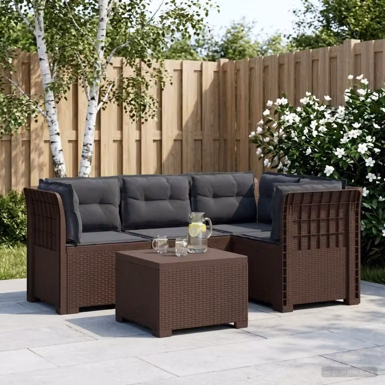 Set da giardino vidaXL a forma di L con divano da esterno, elemento angolare, tavolino da caffè e cuscini in polyrattan, colore antracite e marrone