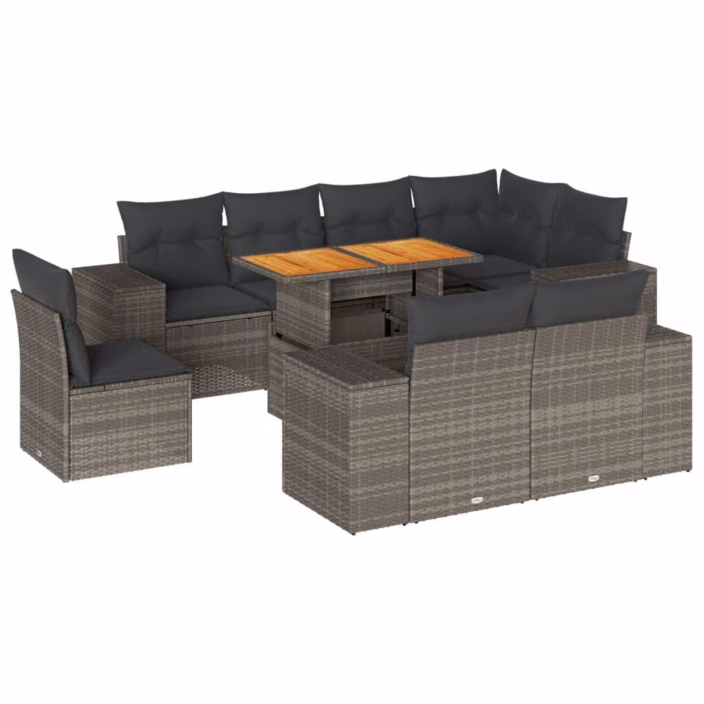Set Divano da Giardino 9 pz con Cuscini Grigio in Polyrattan