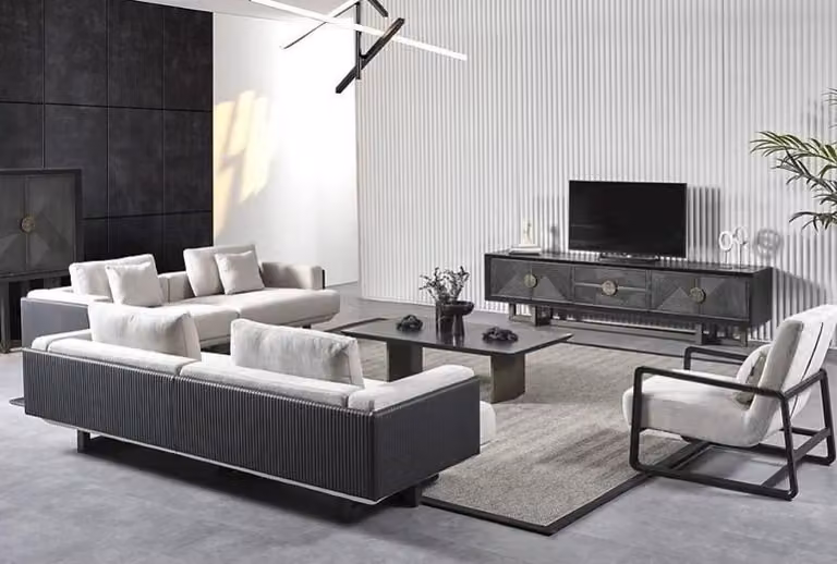 Moderner Wohnzimmermöbelset aus Holz in Braun mit Sofas, Sessel