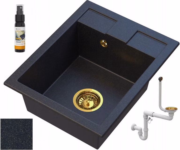 Granitan - Lavello in granito - Lavandino 50x40 cm - Lavello cucina nero-oro - con sifone - BEST