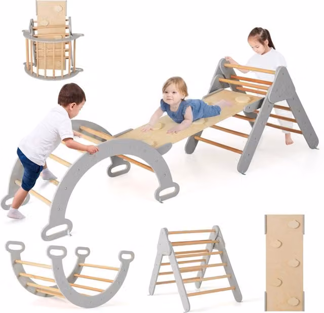 Set di 3 giocattoli da arrampicata in legno per bambini dai 12 mesi in su con triangolo e arco, colore grigio
