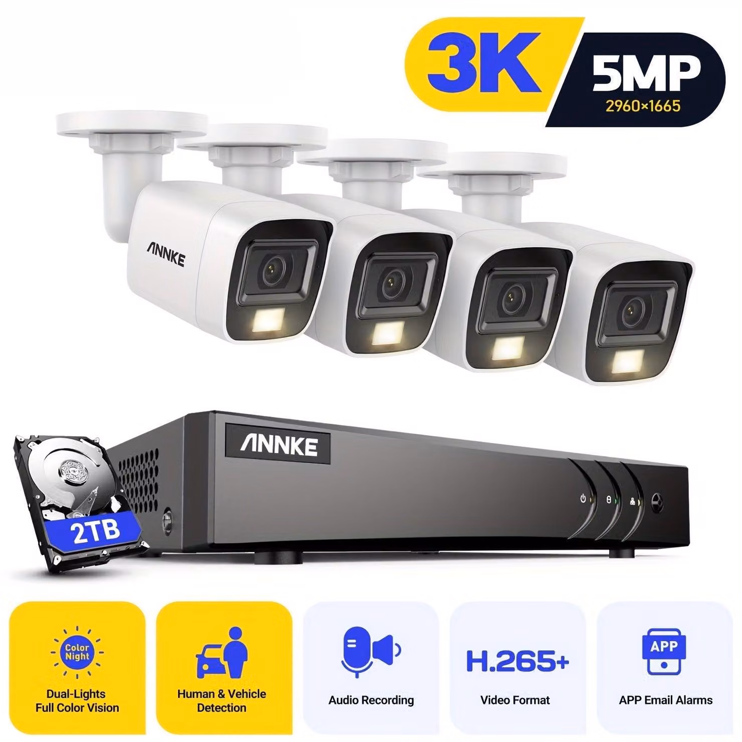 Kit di videosorveglianza interno con DVR a 4 canali, risoluzione 3K e 2TB di spazio di archiviazione