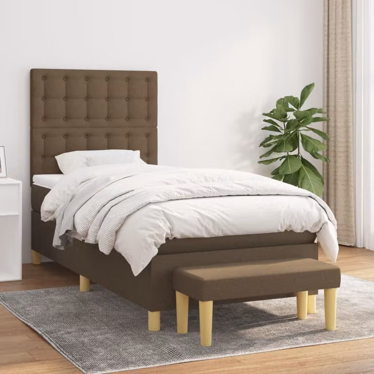 The Living Store Letto a molle con materasso marrone scuro 100x200 cm in tessuto