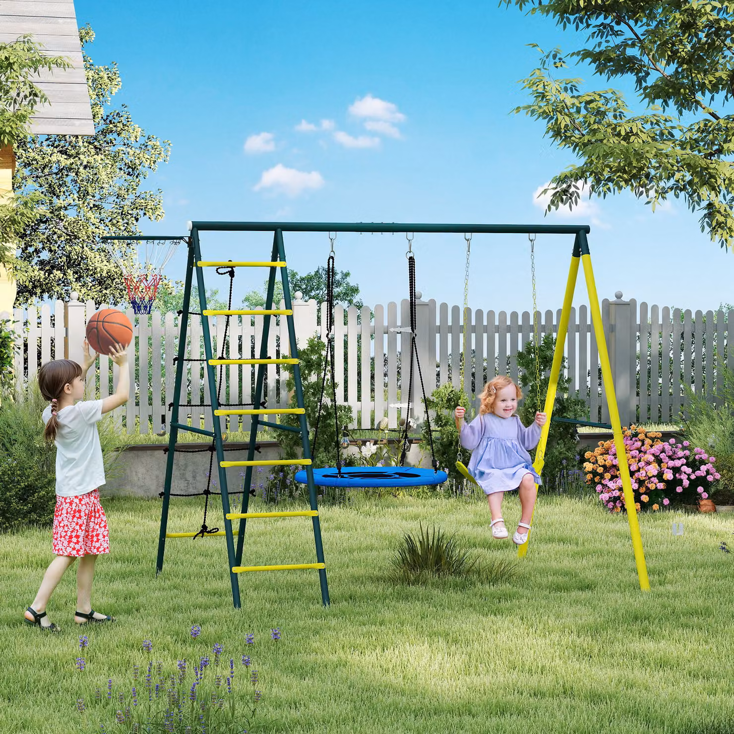 Altalena per bambini 4 in 1 Outsunny con altalena nido, singola, rete per arrampicata e canestro da basket, Giallo – 2