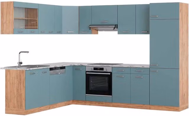Cucina angolare completa R-Line Vicco Grigio-blu e Rovere dorato 287 x 227 cm