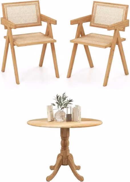 Set di 2 sedie in rattan e tavolo da cucina in legno, Set di 2 sedie da pranzo stile mid-century e tavolo da pranzo rotondo 100 cm Naturale