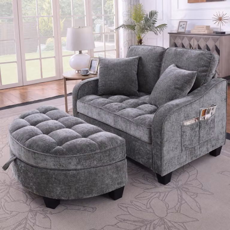 okwish 2-in-1 Divano letto Divano modulare Divano lounge con piedini in plastica antiscivolo, Chaise longue Poltrona relax con poggiapiedi contenitore, Grigio scuro