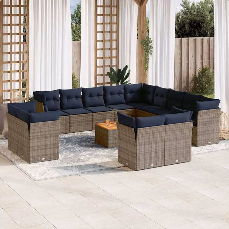 vidaXL Set Divani da Giardino a L con Polyrattan e Cuscini, Grigio e Blu