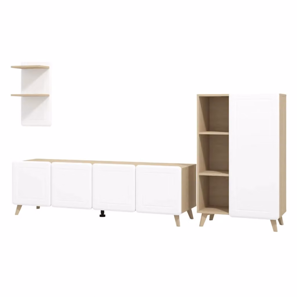 Set di mobili da soggiorno modulabile DMORA moderno in MDF, Bianco e Marrone, L: 244 cm, H: 168 cm, P: 42 cm – 2