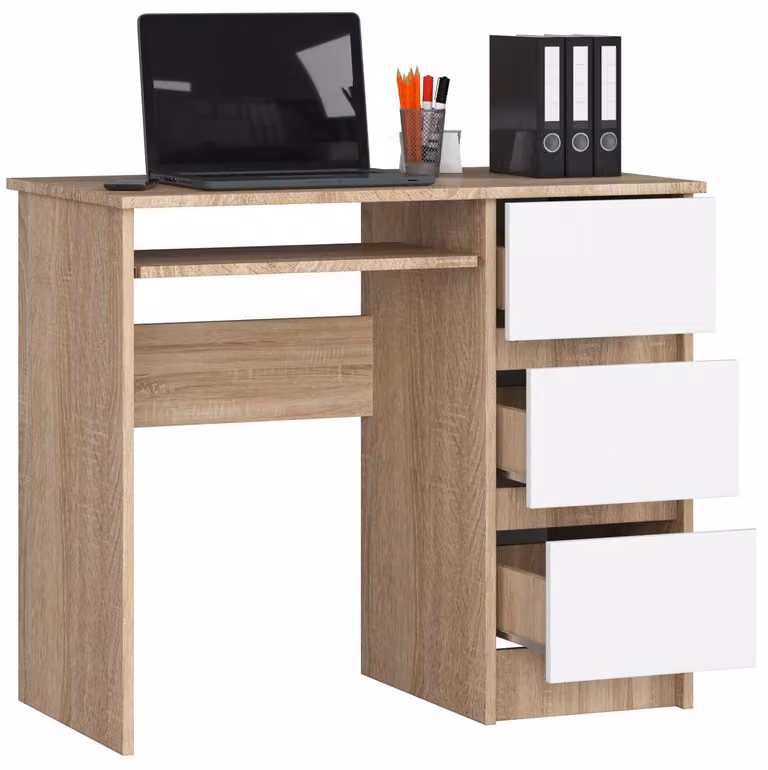 Scrivania da 90 cm con 3 cassetti e ripiano estraibile per tastiera; scrivania per computer, scrivania da lavoro