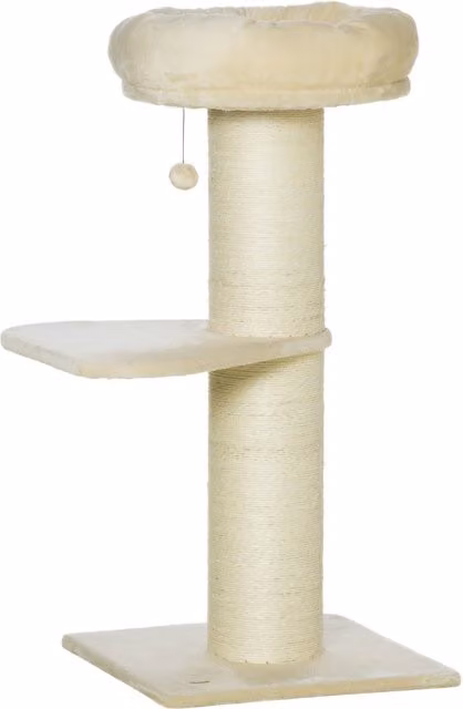 Tiragraffi per Gatti PawHut con Palo in Sisal, Cestino e Pallina Sospesa, in Peluche, Beige, Altezza: 105 cm – 1