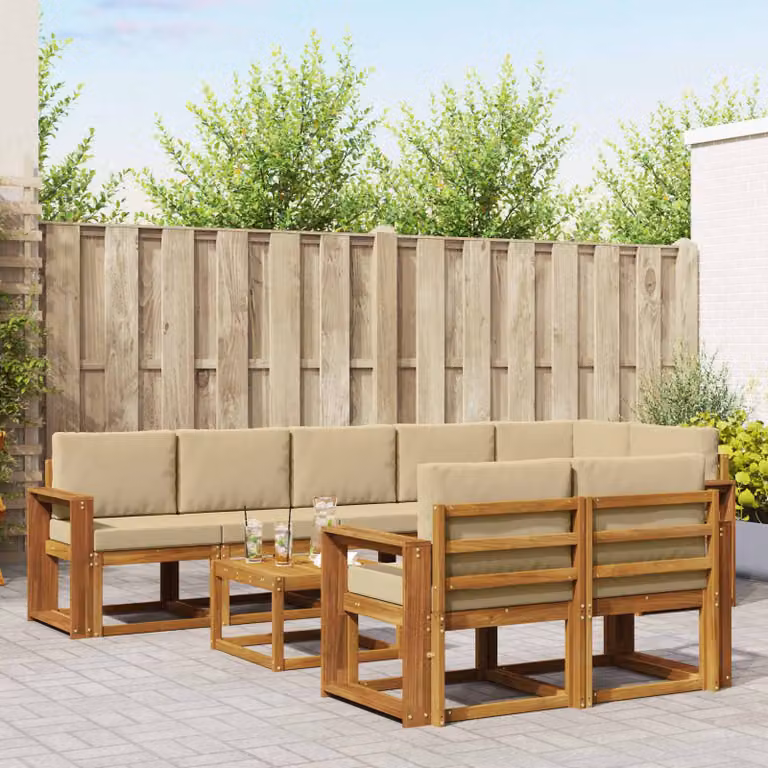 vidaXL Set di divani da esterno a L in legno di acacia con cuscini, 9 pezzi, Beige e Marrone